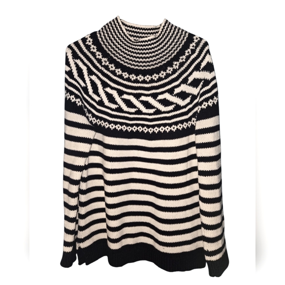 Talbot's Striped Black and White Mock Neck Sweater, Petite Large